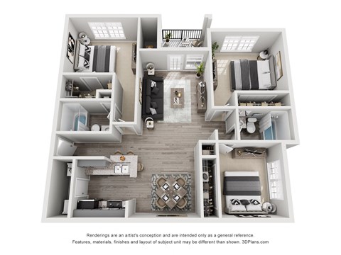 Floor plan for 3 beds, 2 baths, 1128 sqft